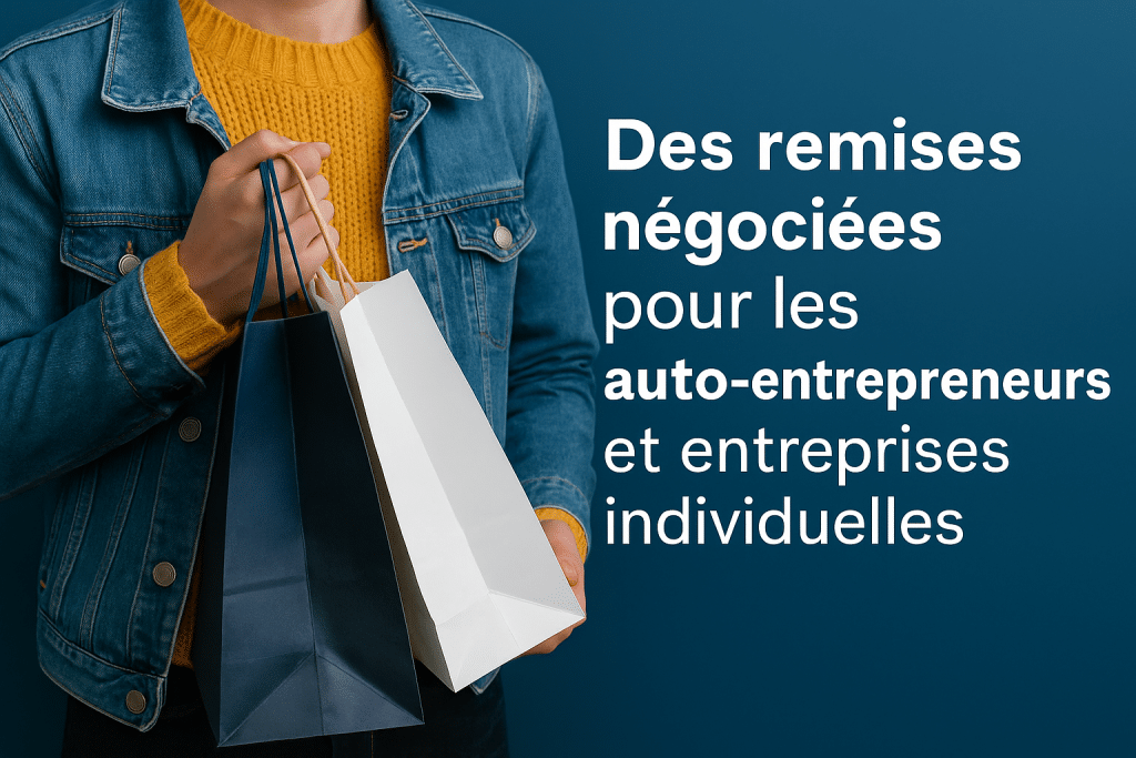 Homme tenant des sacs, texte sur remises négociées.