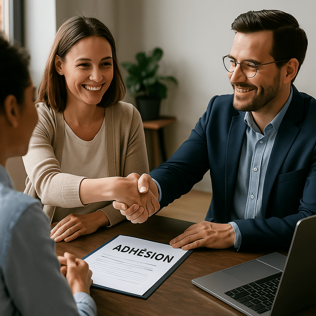 Personnes se serrant la main, document adhésion.