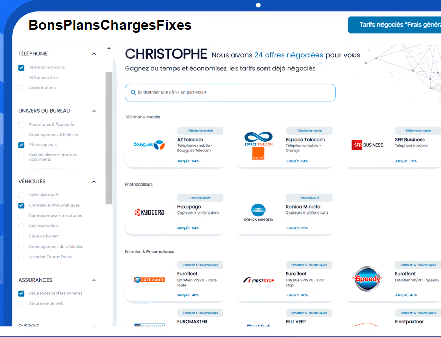 Écran de comparaison d'offres téléphoniques et de services.