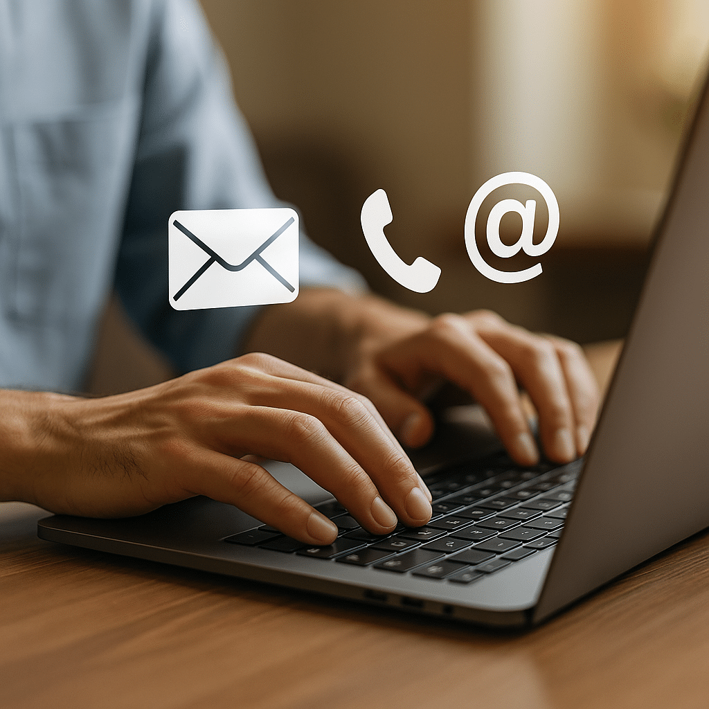 Homme tapant sur ordinateur avec icônes contact.