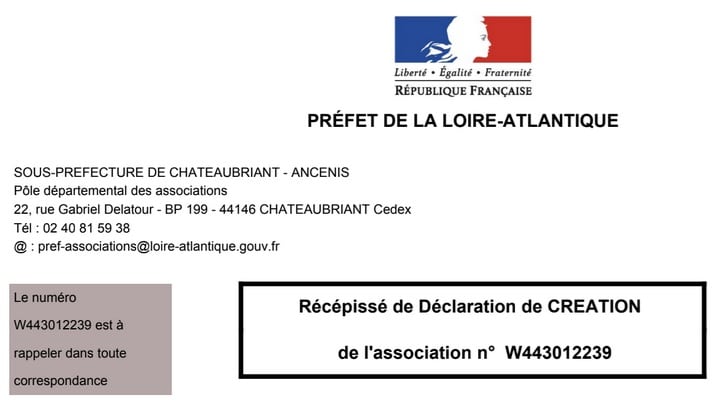 Récépissé création association W443012239, Loire-Atlantique.