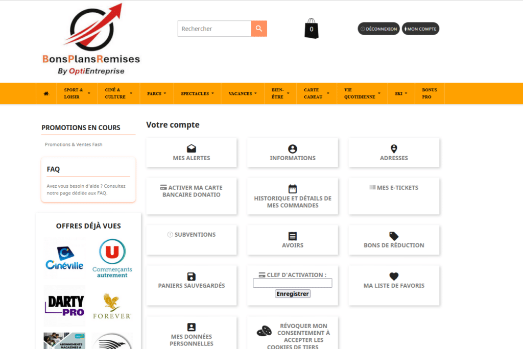 Page d'accueil BonsPlansRemises avec options de compte utilisateur