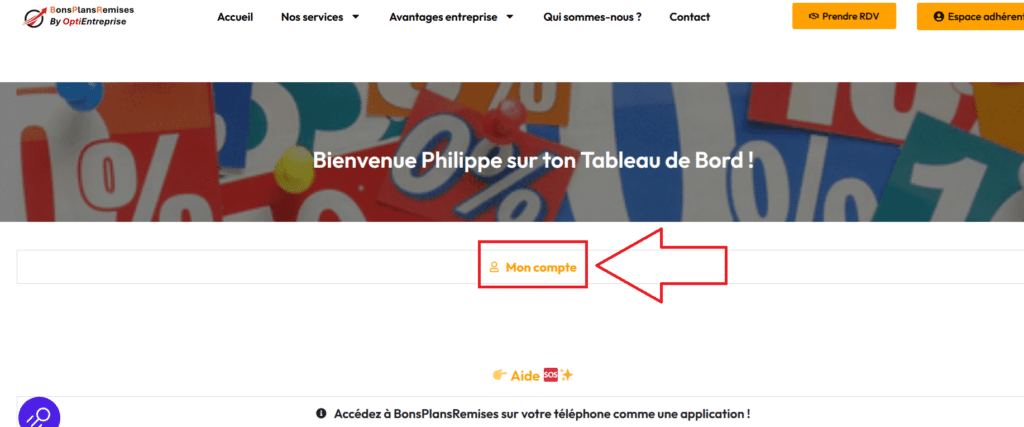 Interface utilisateur BonsPlansRemises, bouton Mon compte.