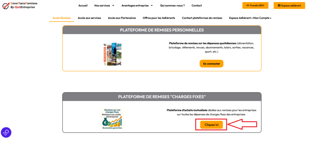 Interface de remises pour dépenses personnelles et professionnelles.