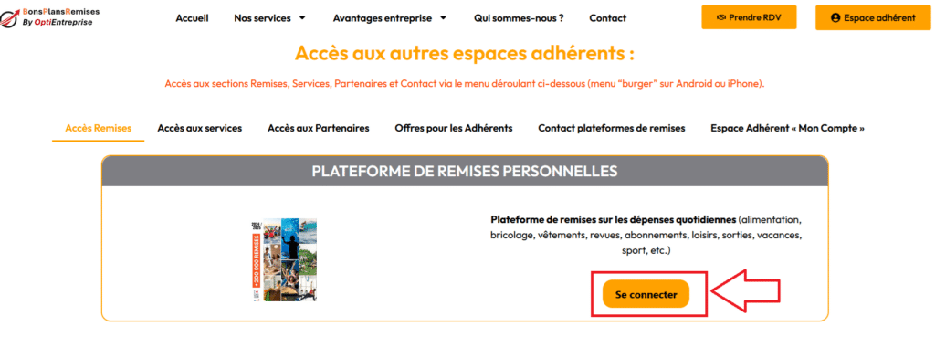 Page d'accueil plateforme de remises, connexion adhérent.