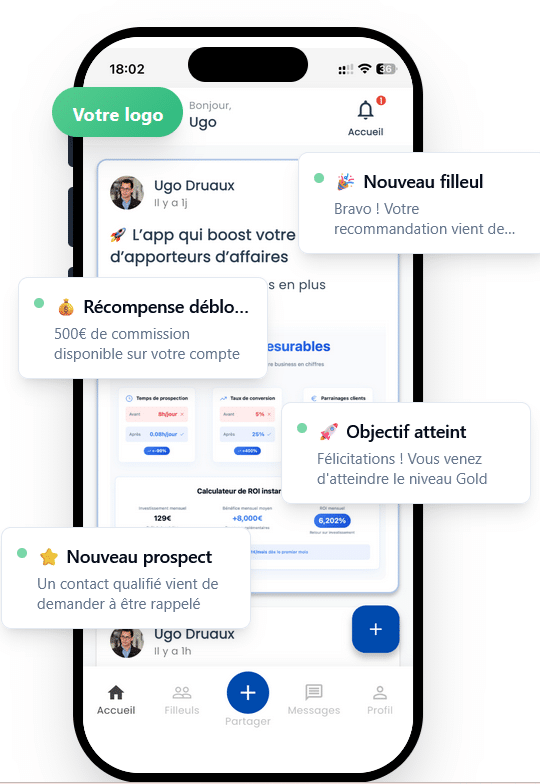 Interface application mobile avec notifications et récompenses.
