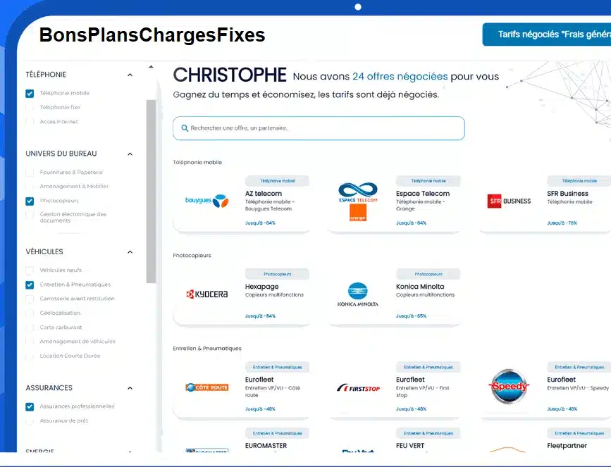 Page de comparateur d'offres télécoms et bureaux.