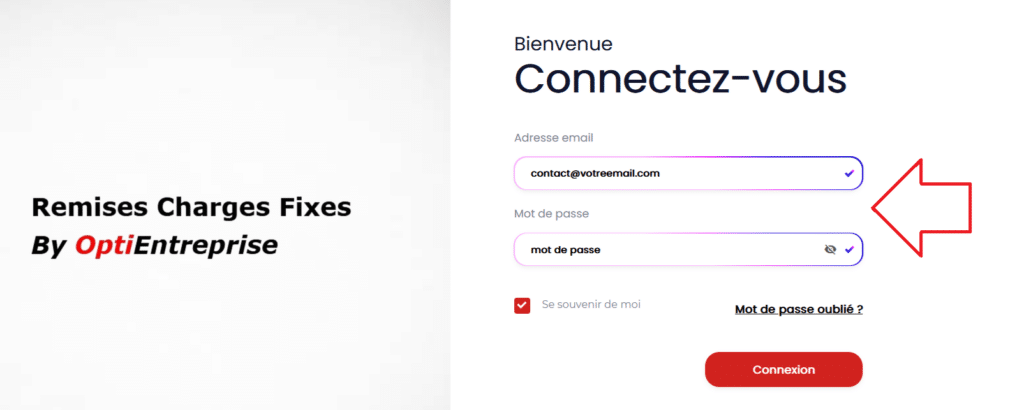 Formulaire de connexion OptiEntreprise avec email et mot de passe.