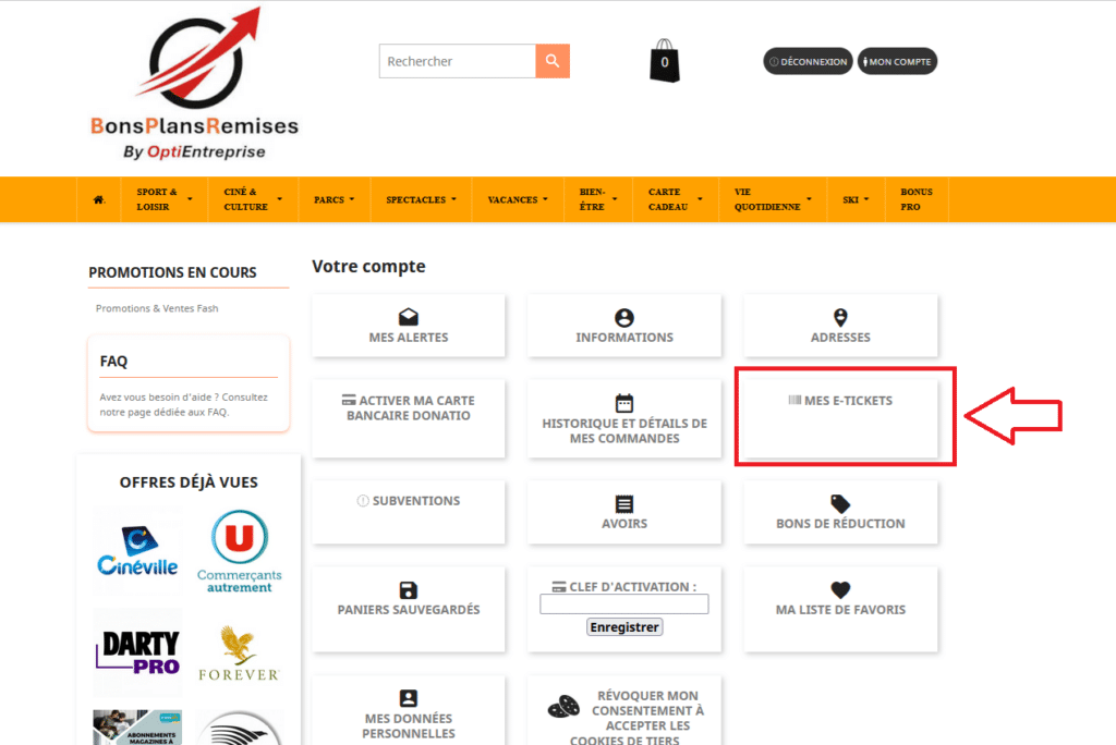 Page de compte avec options et e-tickets.