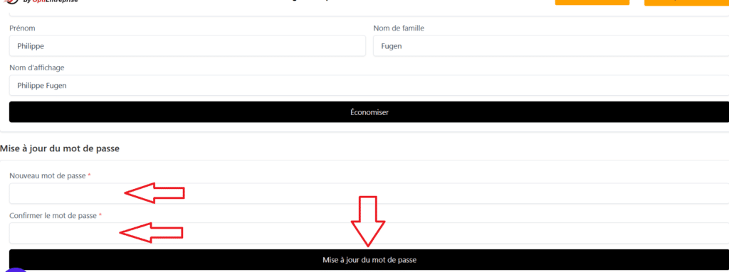 Formulaire changement mot de passe utilisateur.