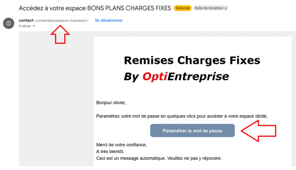 Email pour configurer mot de passe espace charges fixes.