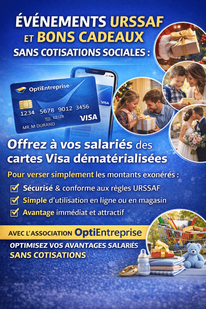 Bons cadeaux URSSAF sans cotisations sociales versés via une carte Visa dématérialisée pour les salariés lors des événements URSSAF.
