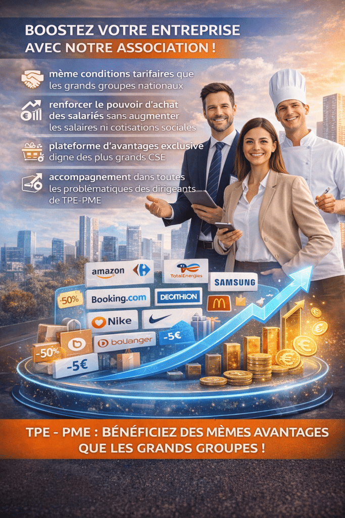 Association permettant aux TPE et PME de bénéficier des mêmes conditions tarifaires que les grands groupes et d’augmenter le pouvoir d’achat des salariés grâce à une plateforme d’avantages type CSE.
