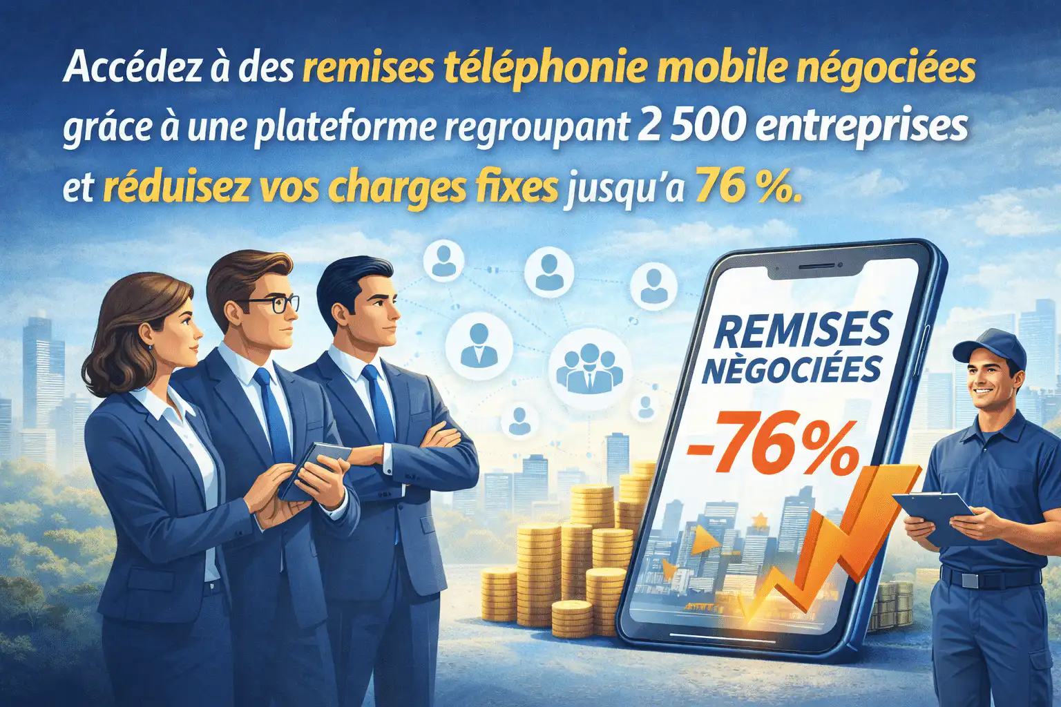 Plateforme de remises téléphonie permettant aux entreprises de réduire leurs coûts mobiles jusqu’à 76 % grâce à une négociation mutualisée avec les opérateurs.