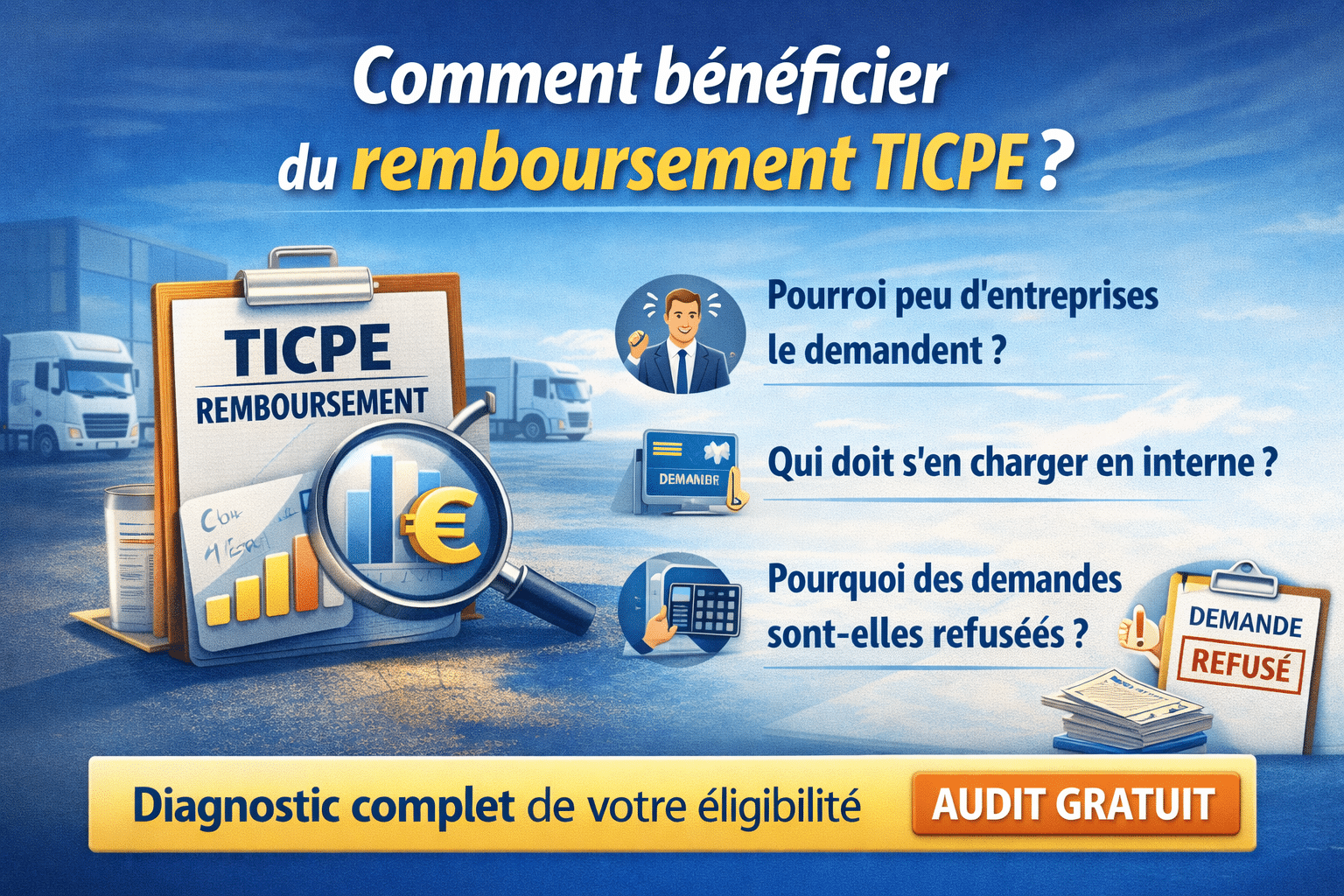 Illustration représentant des camions de transport routier, des factures de carburant et des symboles fiscaux, associée à des icônes d’économies, illustrant le remboursement de la TICPE pour les entreprises de transport.