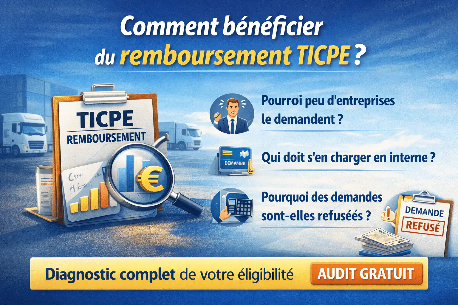 Illustration représentant des camions de transport routier, des factures de carburant et des symboles fiscaux, associée à des icônes d’économies, illustrant le remboursement de la TICPE pour les entreprises de transport.