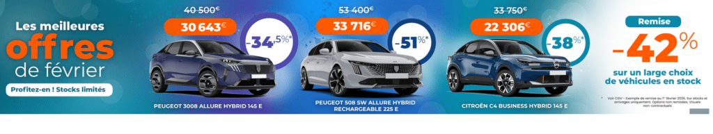 Promotions février véhicules hybrides Peugeot Citroën.
