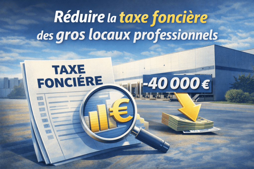 Illustration représentant de grands locaux professionnels tels qu’entrepôts logistiques ou sites industriels, associés à des pictogrammes de fiscalité et d’économies, symbolisant la réduction et la contestation de la taxe foncière professionnelle.
