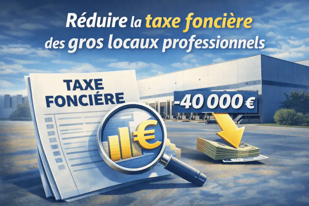 Illustration représentant de grands locaux professionnels tels qu’entrepôts logistiques ou sites industriels, associés à des pictogrammes de fiscalité et d’économies, symbolisant la réduction et la contestation de la taxe foncière professionnelle.