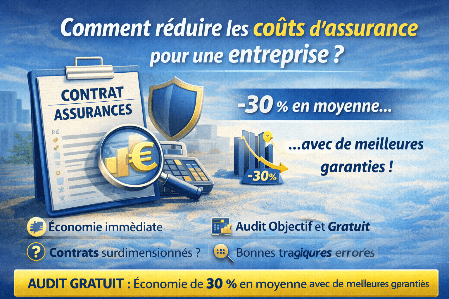 Illustration représentant des documents d’assurance professionnelle, des icônes de risques et de protection, associés à des symboles d’économies financières, illustrant la réduction des coûts d’assurance pour les entreprises.