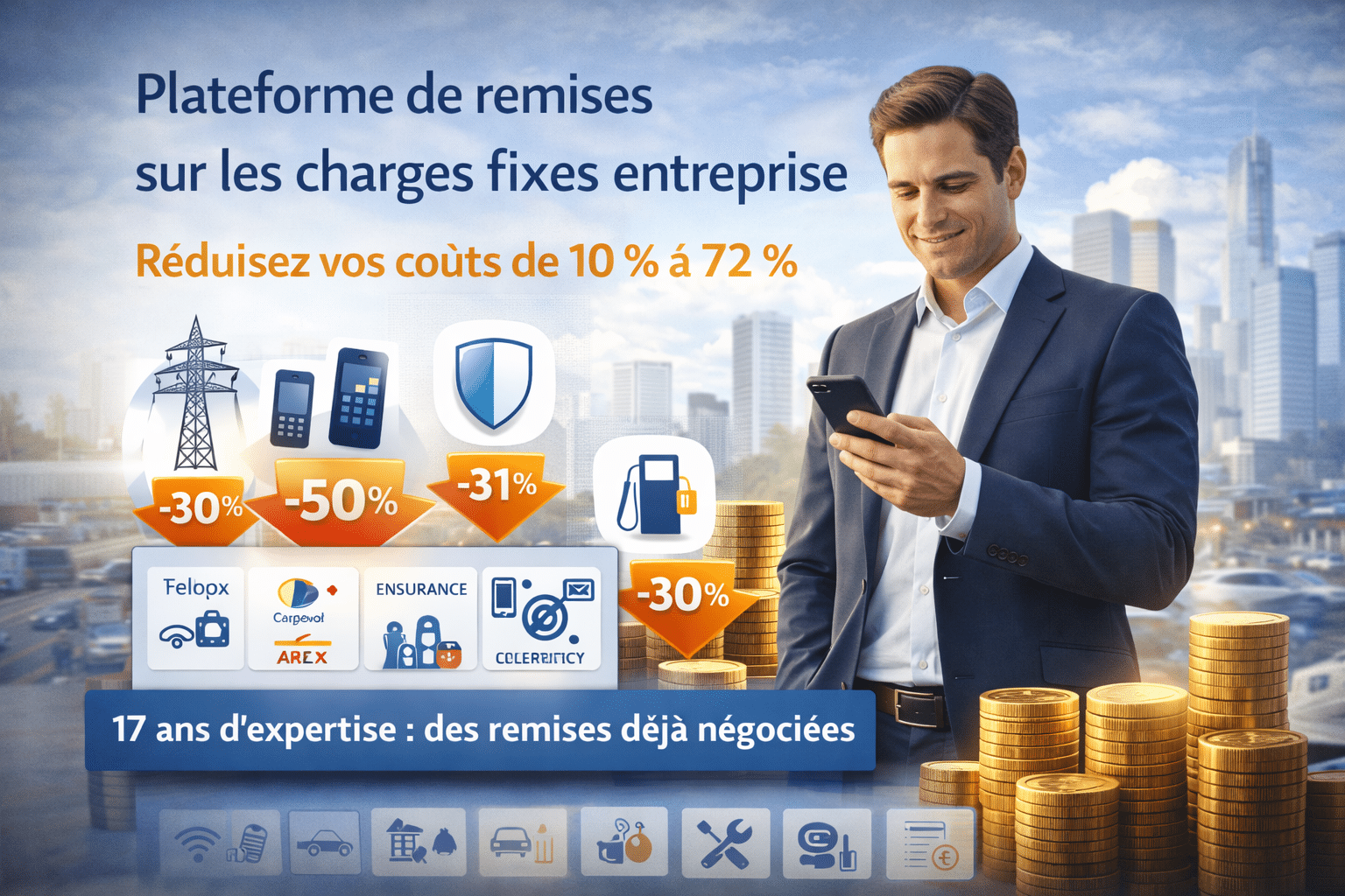 Plateforme de remises pré-négociées permettant aux entreprises de réduire leurs charges fixes jusqu’à 72 % grâce à des conditions grand compte sur les télécoms, l’énergie, les assurances et les services.