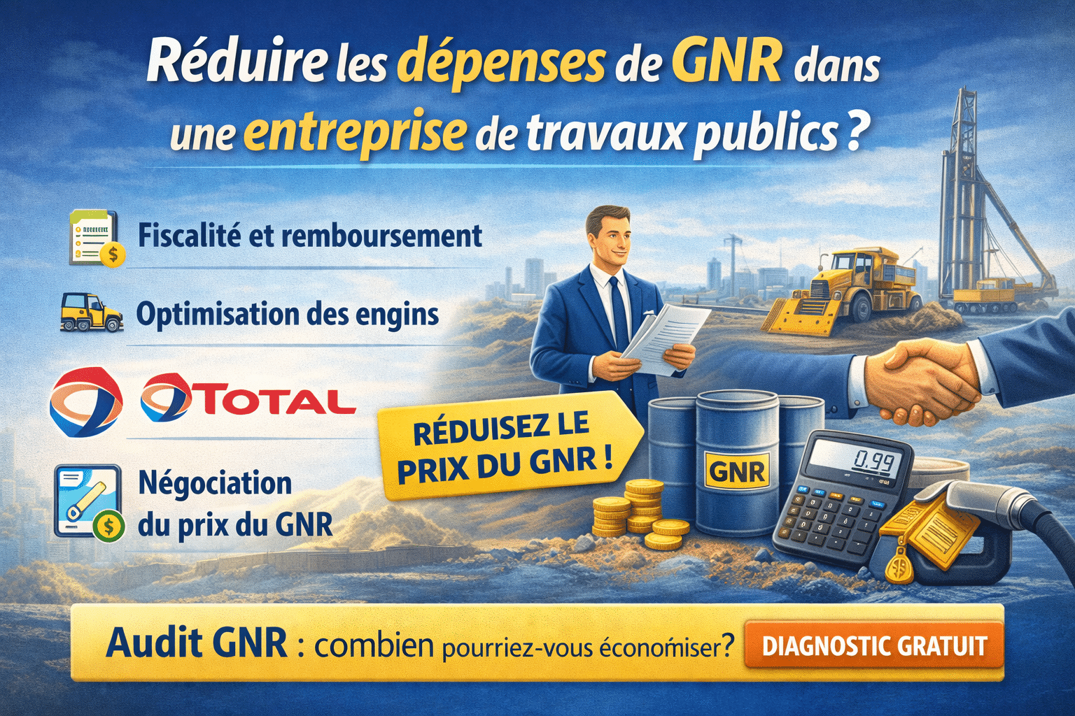 Illustration représentant des engins de travaux publics (pelles, bulldozers, chargeuses) sur un chantier, associés à des symboles de carburant et d’économies, illustrant la réduction des dépenses de GNR en entreprise TP.