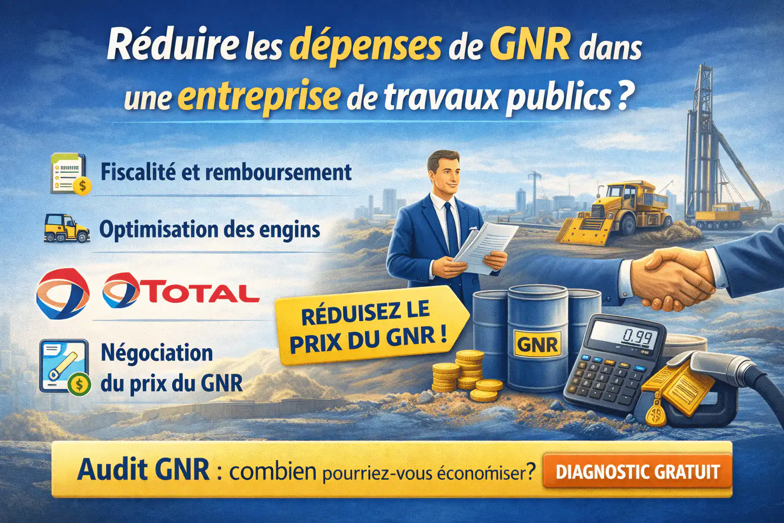 Illustration représentant des engins de travaux publics (pelles, bulldozers, chargeuses) sur un chantier, associés à des symboles de carburant et d’économies, illustrant la réduction des dépenses de GNR en entreprise TP.