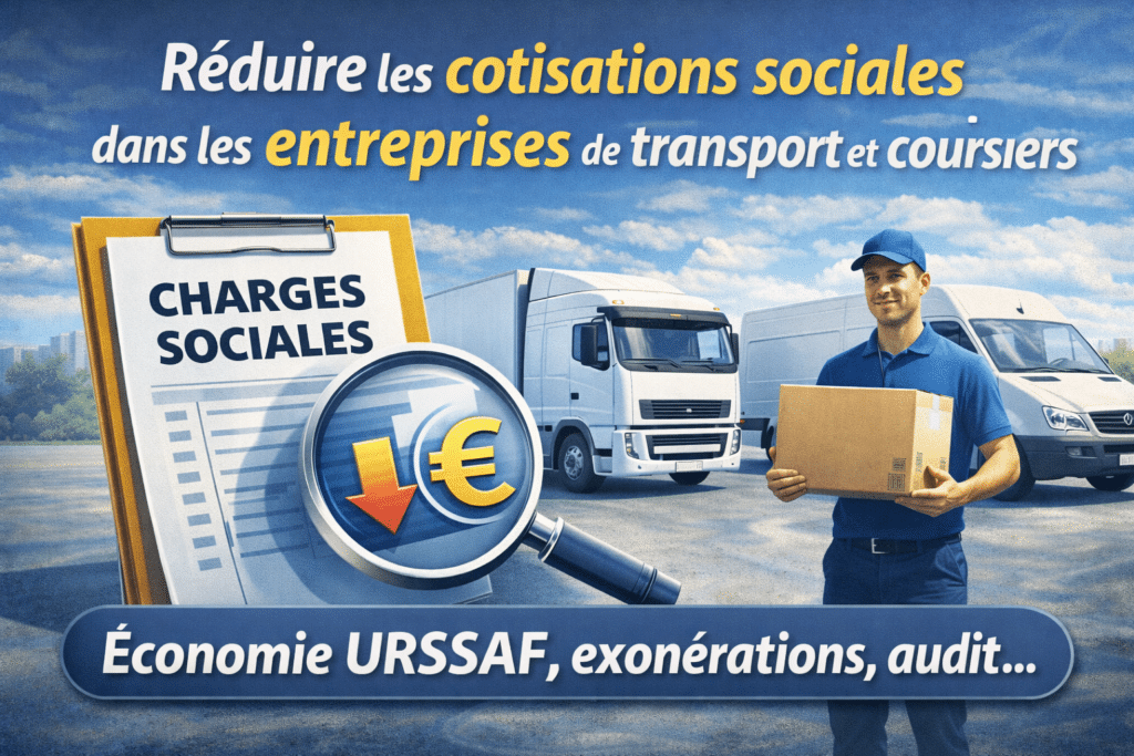 Illustration représentant des chauffeurs, livreurs et commerciaux itinérants avec des pictogrammes de coûts et d’économies, symbolisant la réduction des cotisations sociales dans les entreprises de transport et de livraison.