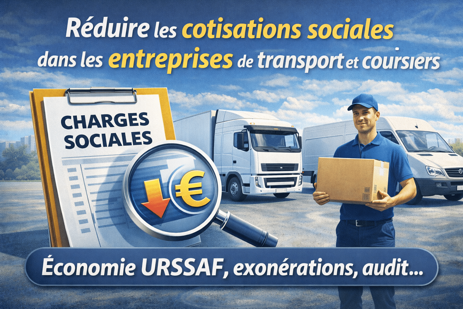 Illustration représentant des chauffeurs, livreurs et commerciaux itinérants avec des pictogrammes de coûts et d’économies, symbolisant la réduction des cotisations sociales dans les entreprises de transport et de livraison.