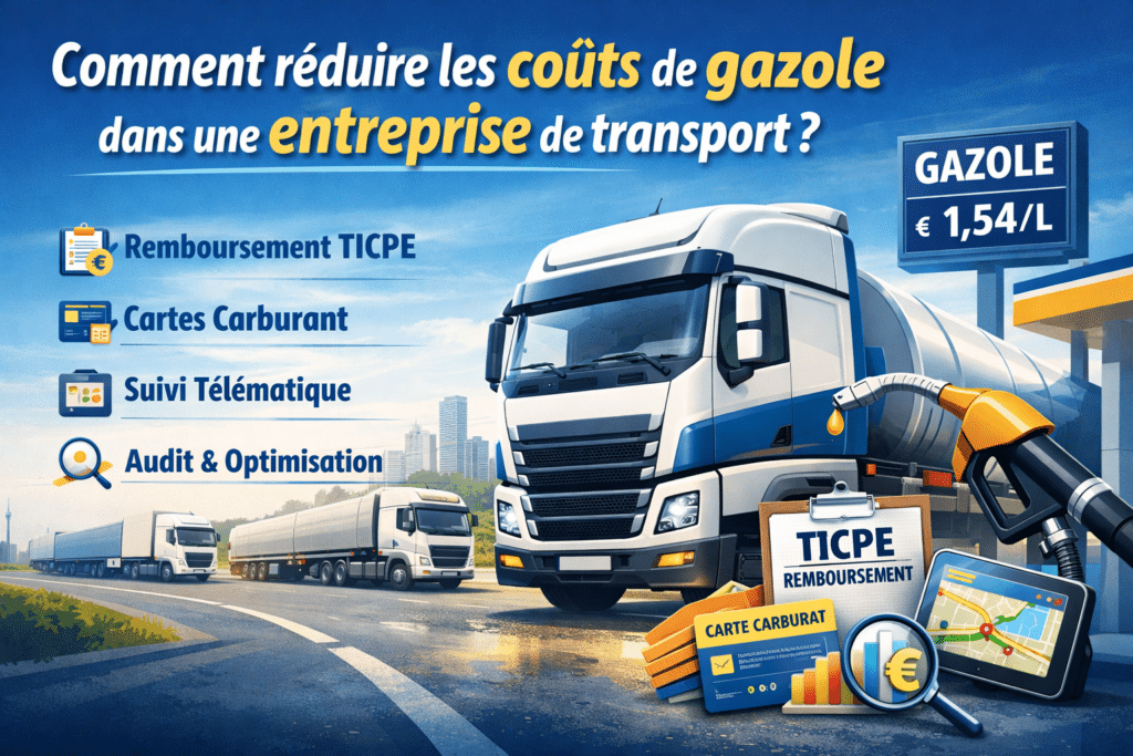 Illustration représentant une flotte de camions de transport routier, des jauges de carburant et des symboles d’économies financières, illustrant la réduction des coûts de gazole dans une entreprise de transport.