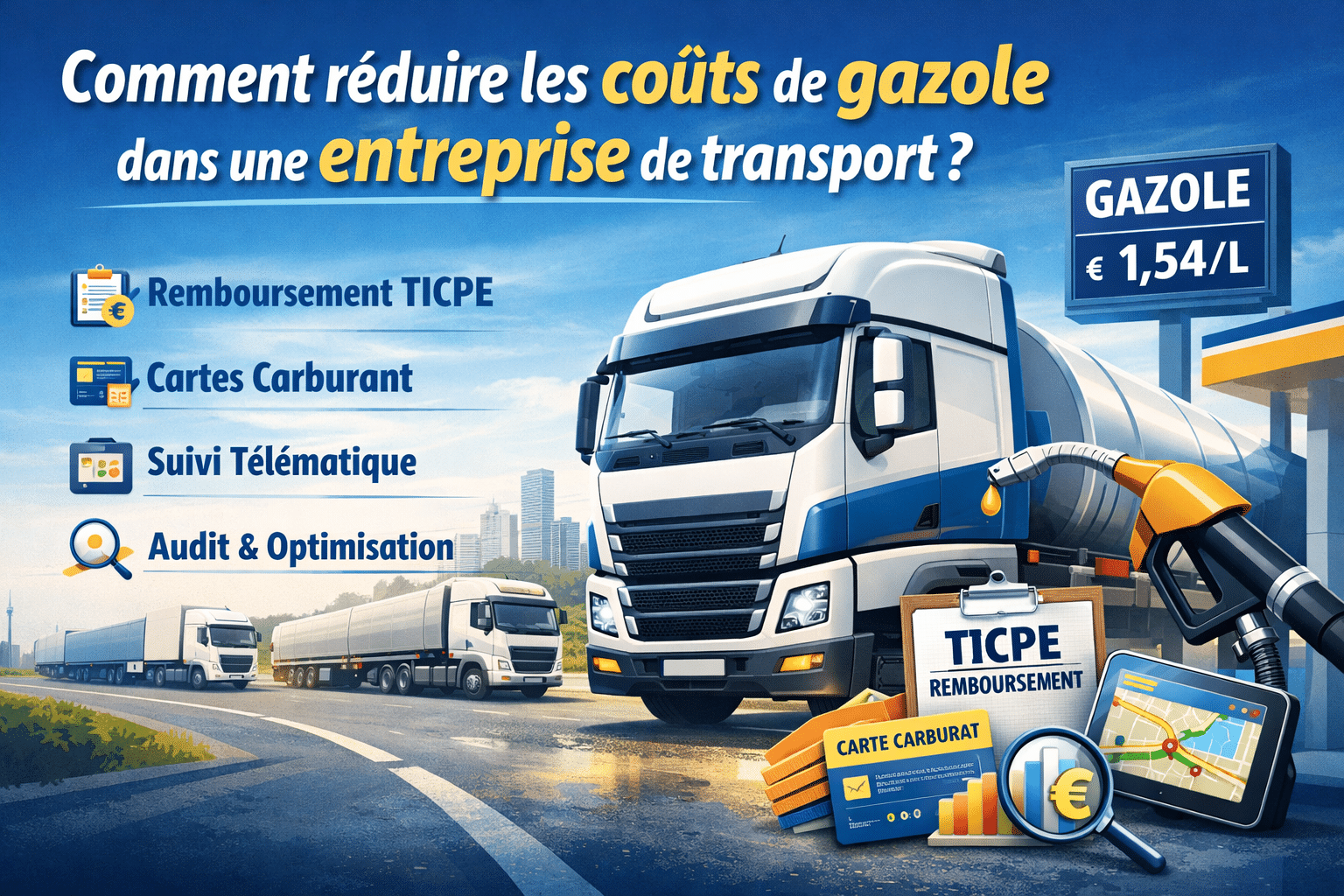 Illustration représentant une flotte de camions de transport routier, des jauges de carburant et des symboles d’économies financières, illustrant la réduction des coûts de gazole dans une entreprise de transport.