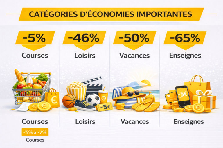 Réductions sur courses, loisirs, vacances, enseignes