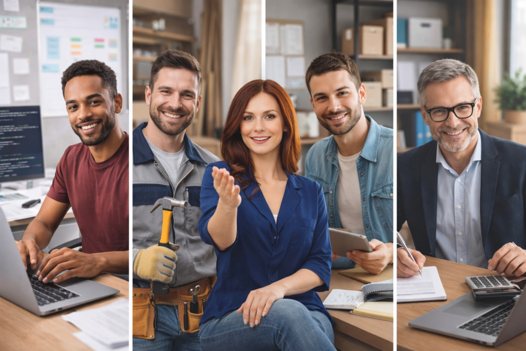 Groupe d’auto-entrepreneurs et freelances de différents métiers : développeur, artisan, consultante et expert indépendant travaillant dans leurs environnements professionnels